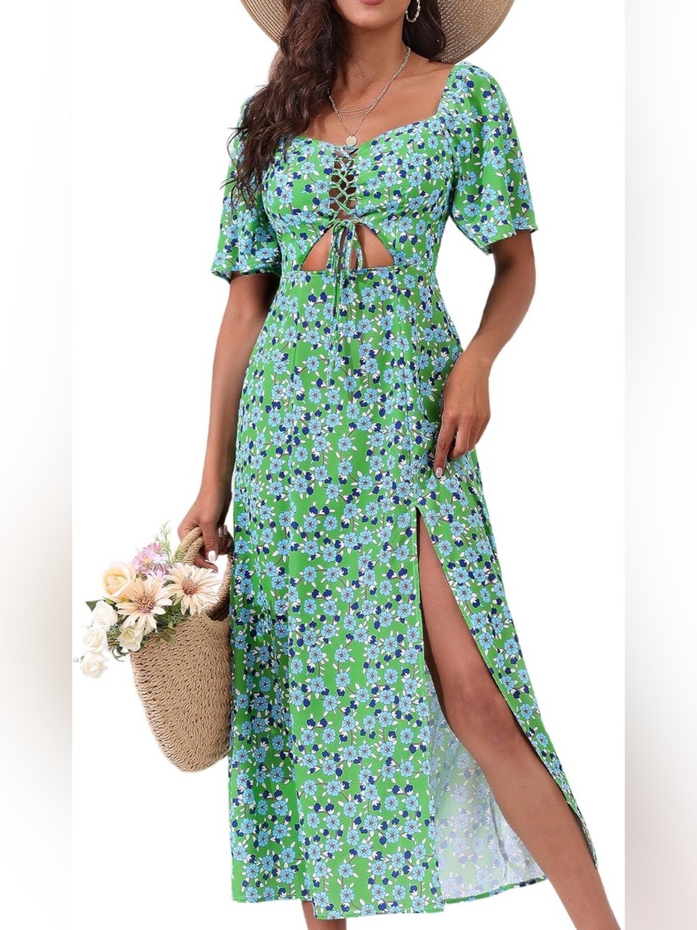 Green Floral women’s Midi Dress with cut-out tie front detail and leg slit